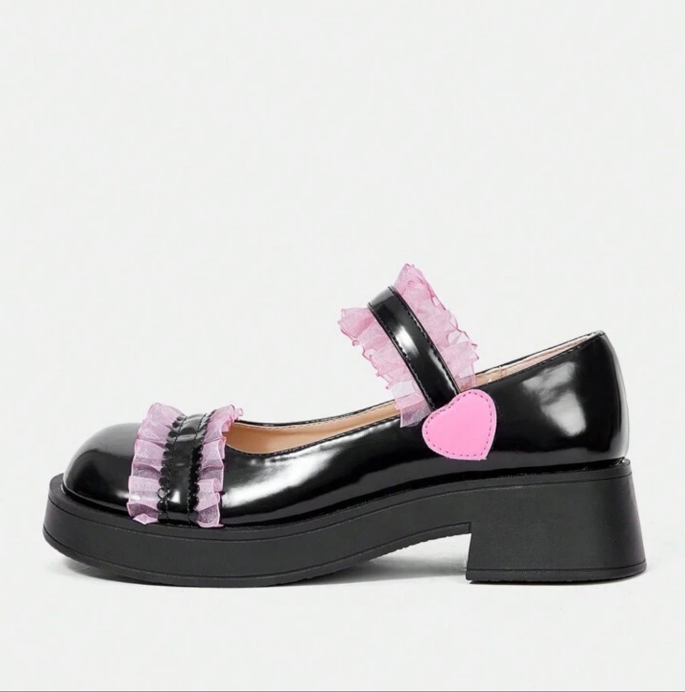 Black Mary Jane Shoes with Pink Ruffle